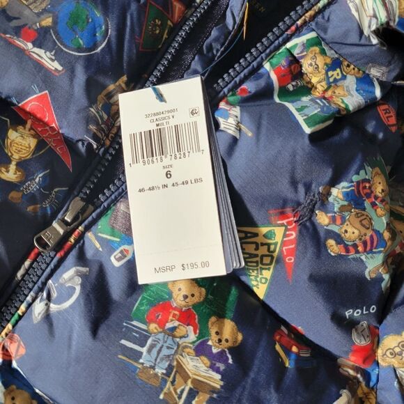 New Polo Bear Ralph Lauren Boy Water Repellent Navy Down Hood Pony Jacket - Picture 7 of 16